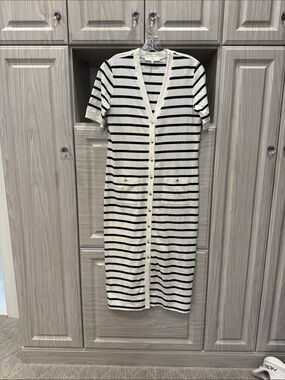Frame Denim Off White and Navy Striped Short-Sleeve Button Midi Dress